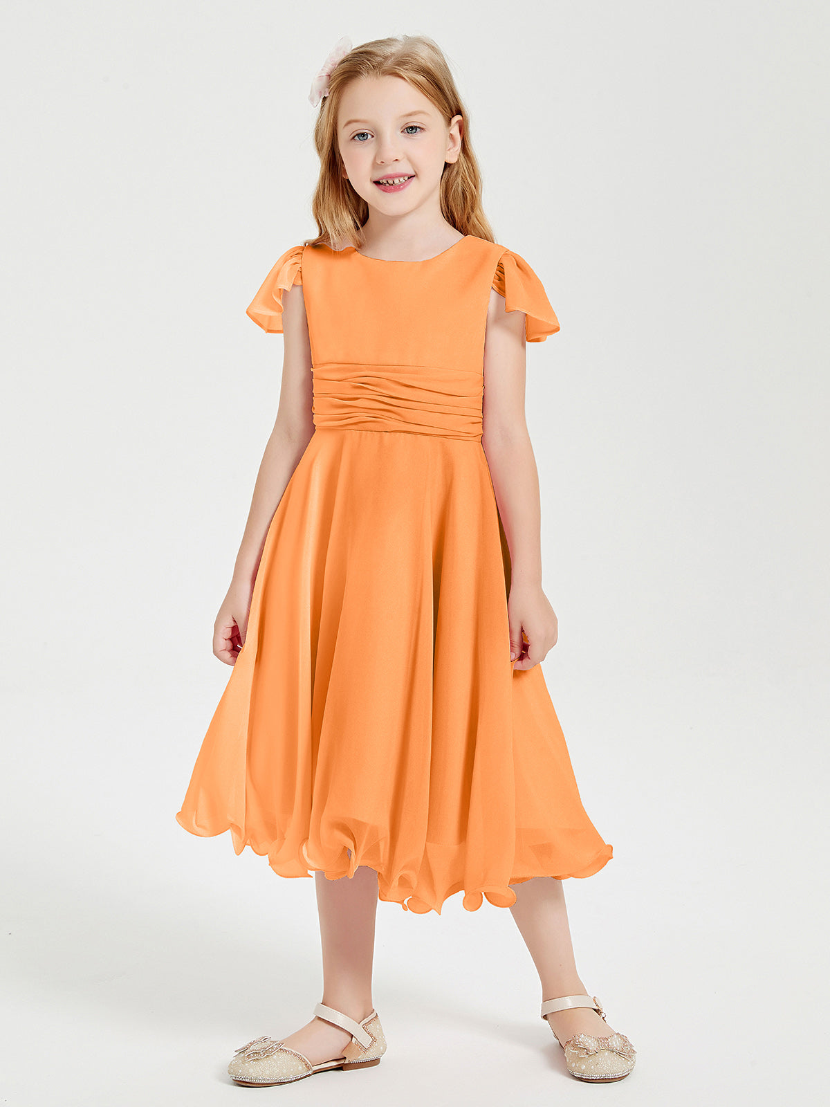 Chiffon Tea Length Junior Bridesmaid Dresses Orange
